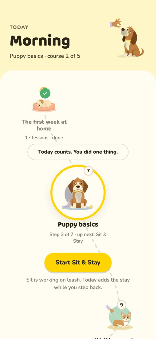 Fetch’s Today screen: a course path with the next lesson ready to start